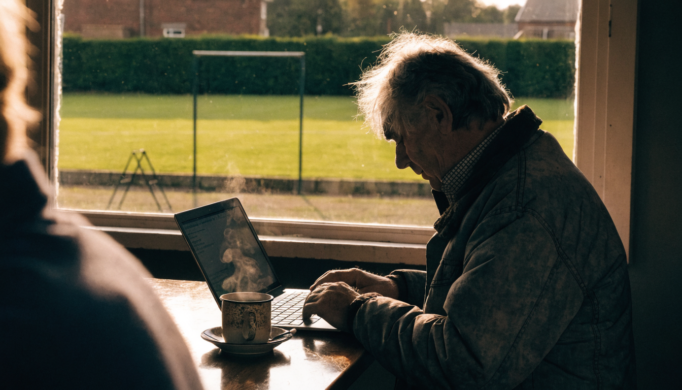 Volunteer at a non-league clubhouse table checking the club's online presence on a laptop, pitch visible through the window
