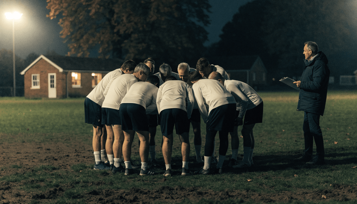 An adult grassroots football team of mixed ages huddled with a volunteer coach on a muddy floodlit community pitch on an autumn evening, a small brick clubhouse lit up behind them