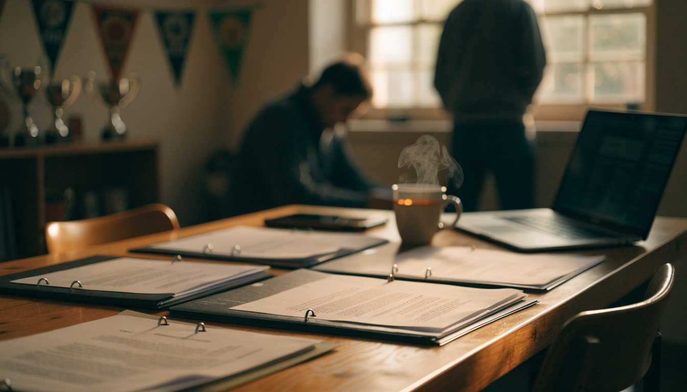 Printed club policy documents in labelled folders on a clubhouse committee table beside a laptop and a mug of tea