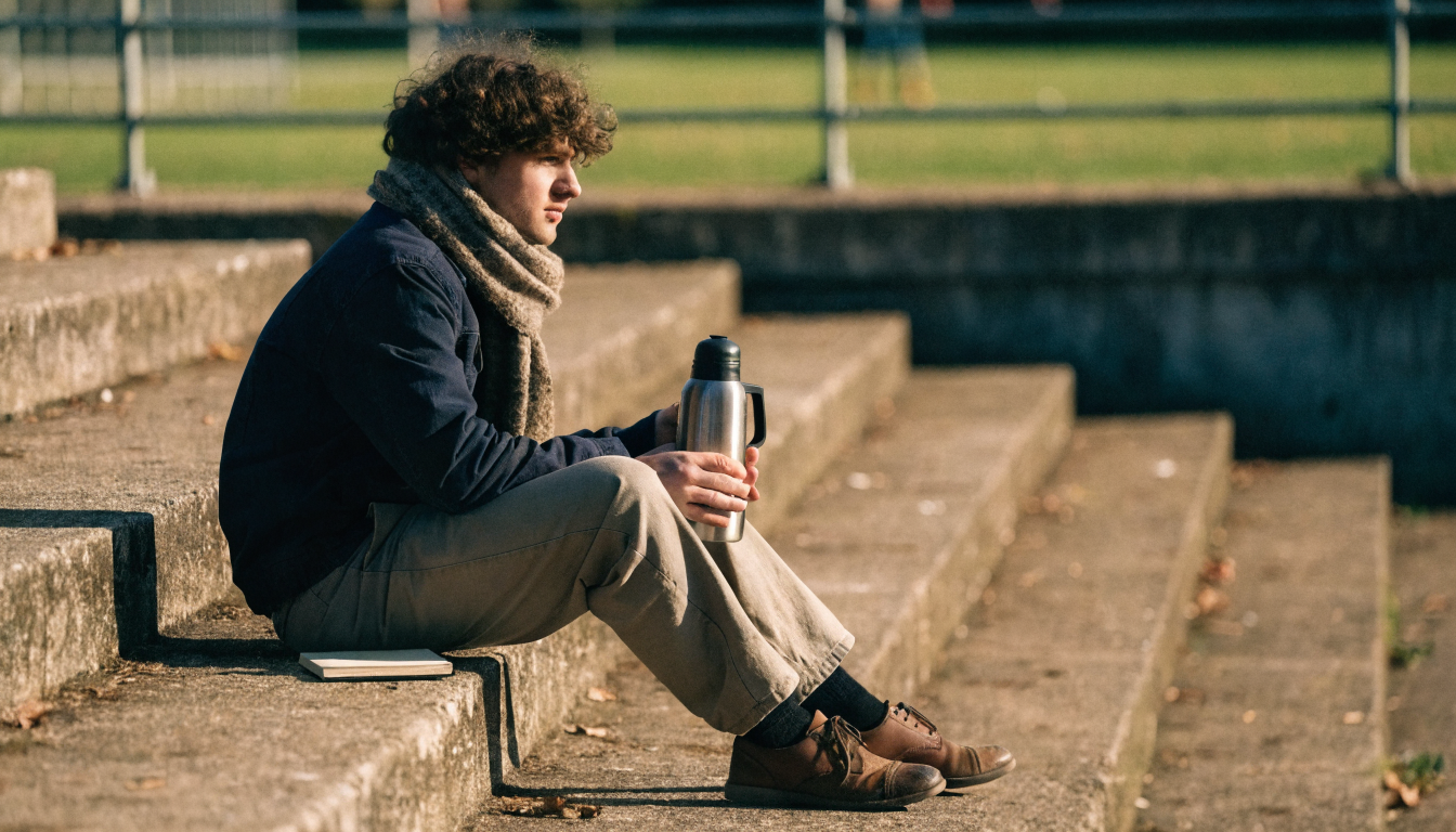 Groundhopper with flask and notebook on a non-league terrace
