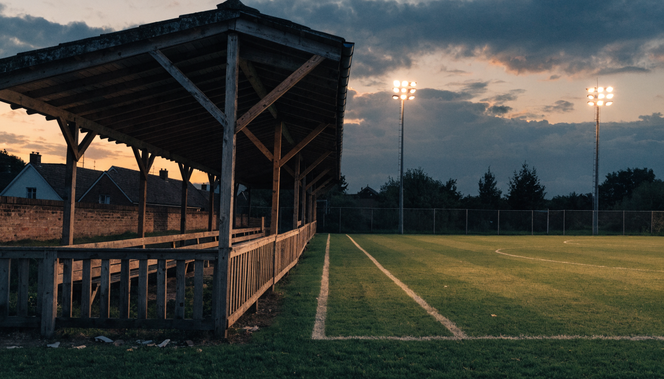 Non-league football ground at dusk with terraces and floodlights