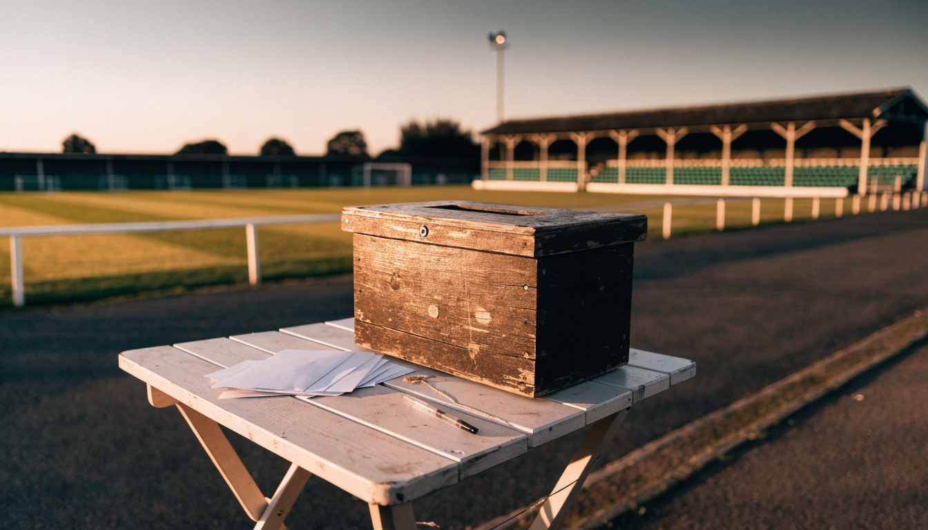 A weathered wooden suggestion box with a slot in its lid on a folding trestle table at the edge of a modest non-league football ground at golden hour, blank paper slips and a biro on a string beside it, a small covered stand with green tip-up seats, white pitch railings and a faintly glowing floodlight pylon soft in the background; no people, no text, no crest.