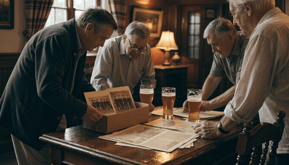 Club volunteers in a pub looking through old sepia team photographs and match programmes