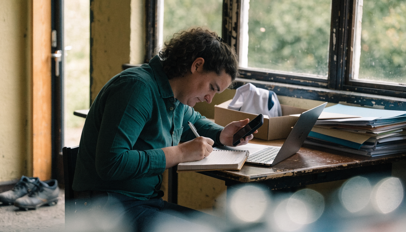 Volunteer club secretary at a clubhouse table copying team contact details from a phone into a notebook and laptop