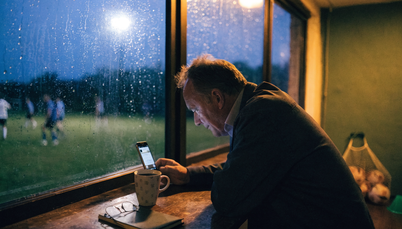 A volunteer club official at a clubhouse table watches a video on a propped-up smartphone beside a mug of tea, with a floodlit grassroots football pitch visible through the window at dusk.