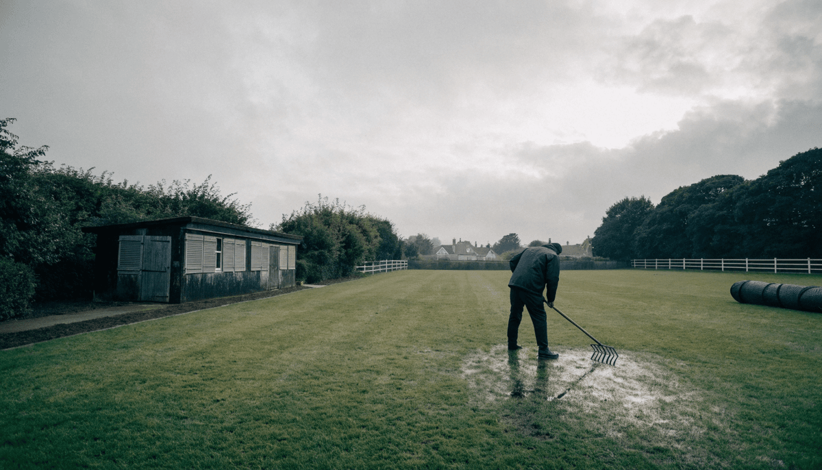 A lone volunteer groundsman works an empty small football pitch with a shuttered tea hut on a blank weekend